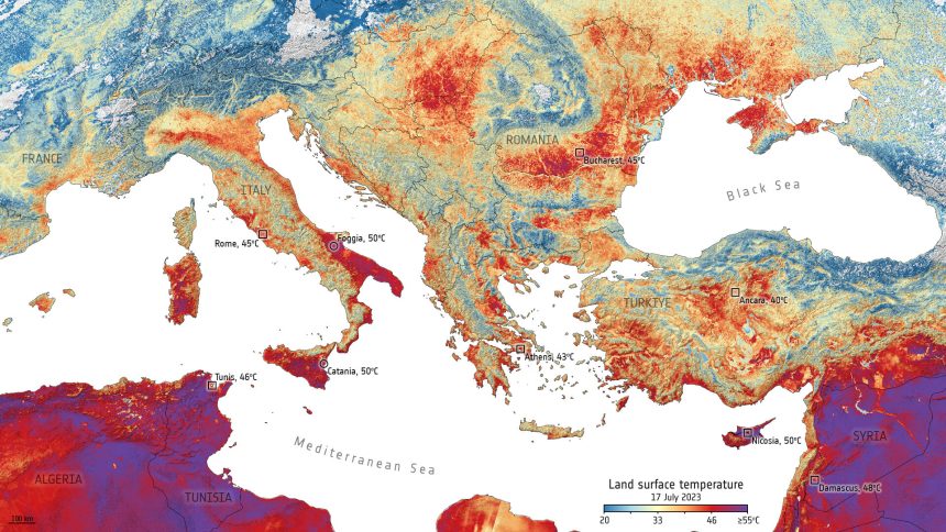 Temperature_of_the_surface_of_the_land_17_July_2023_pillars LAZIO. COME I SATELLITI EUROPEI MONITORANO LA TEMPERATURA TERRESTRE