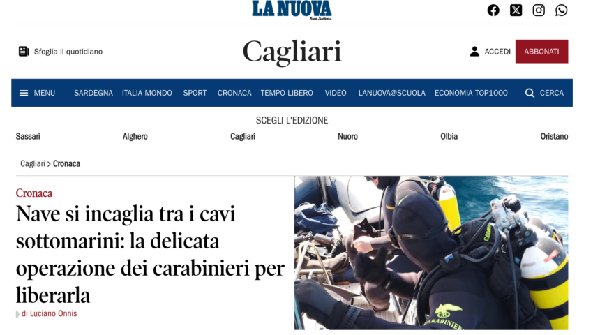 ATTUALITA’. SARDEGNA. CAGLIARI, EMERGENZA NEI MARI: NAVE S’INCAGLIA TRA I CAVI SOTTOMARINI