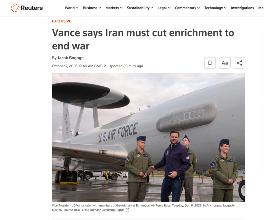 Screenshot 2026-10-07 alle 14.41.44 Tensioni USA-Iran. Vance a Reuters: «Senza un taglio significativo all’arricchimento dell’uranio non ci sarà pace»